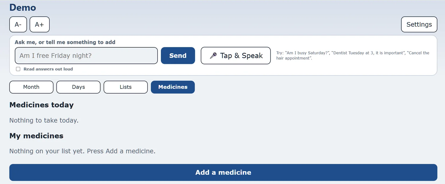 The Medicines screen with Medicines today, My medicines, and an Add a medicine button