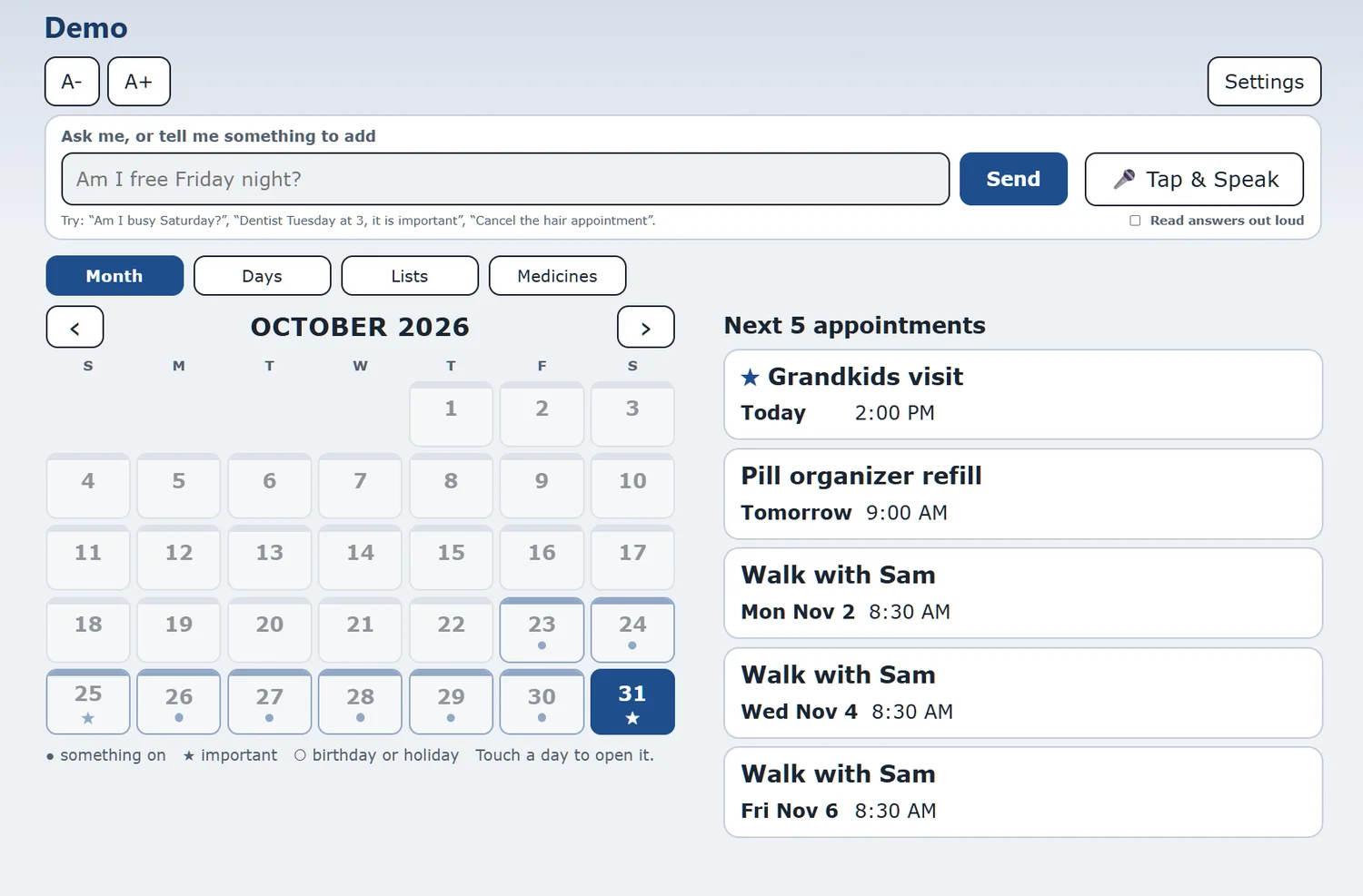 The month view of the planner on a computer, with October 2026 on the left and the next five appointments on the right