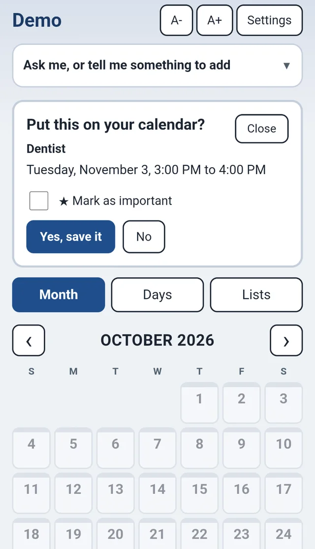 The planner asking Put this on your calendar? for a dentist visit on Tuesday, November 3 at 3 PM