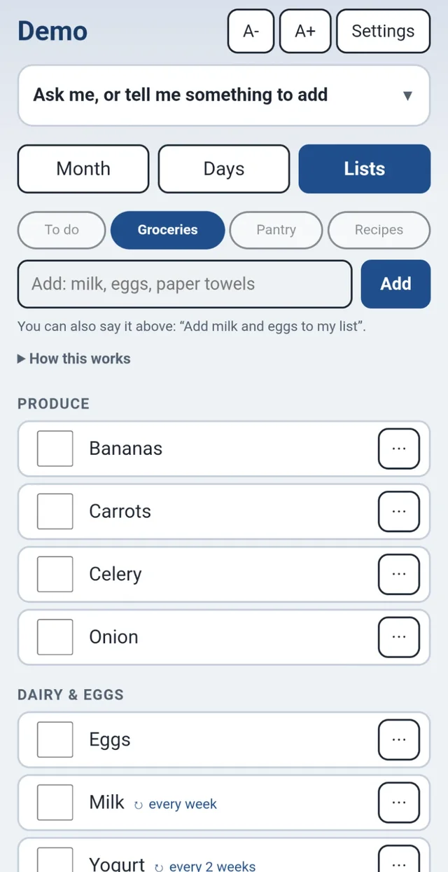 The grocery list with items sorted by aisle