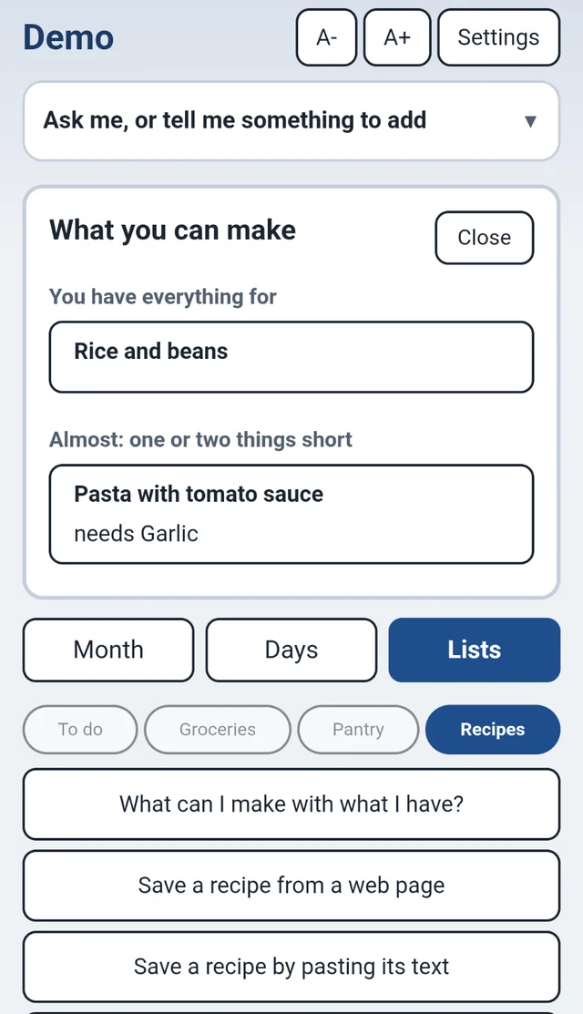 La despensa con Canned tomatoes y Beans, cada uno con los botones de menos, más, We're out y Expiration date