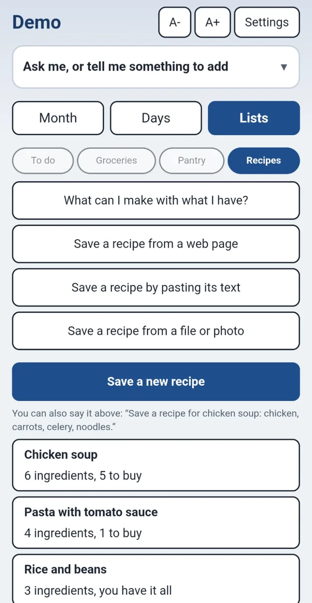 The recipe list with Chicken soup showing 6 ingredients and 5 to buy