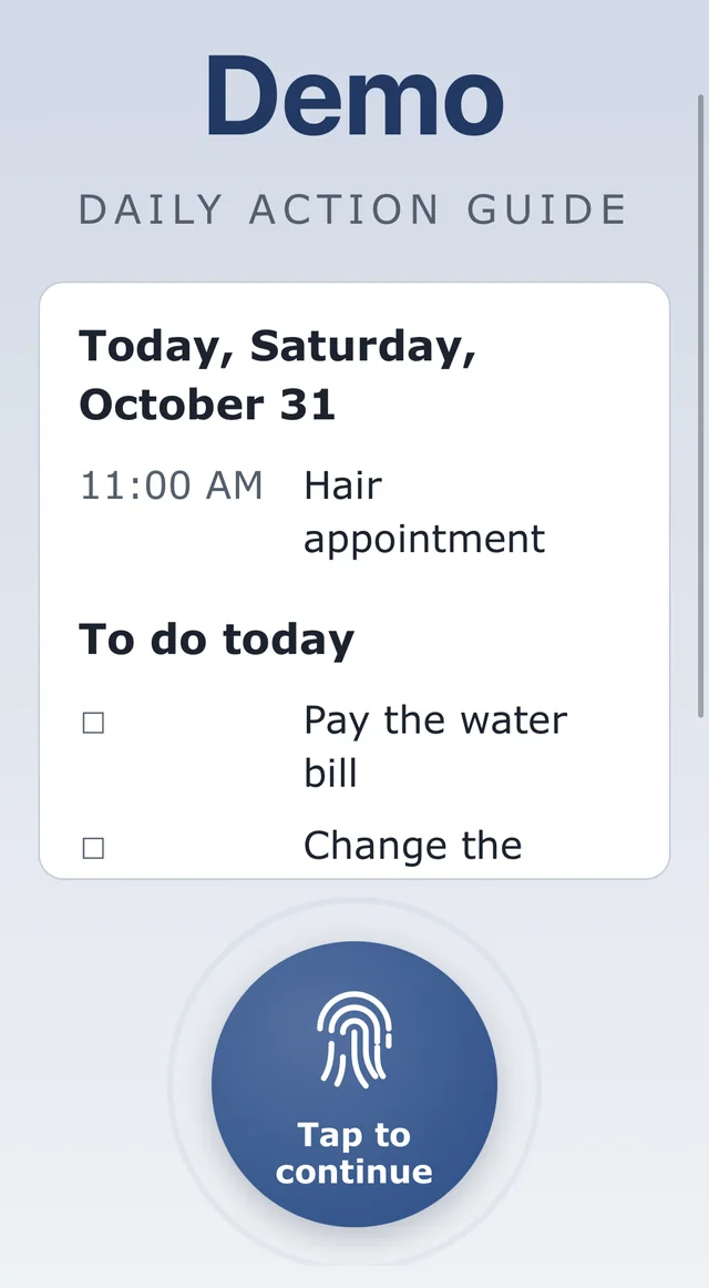 The opening screen with today's appointment and to-do list and a Tap to continue button